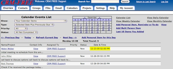 CRM FREE calendar list
